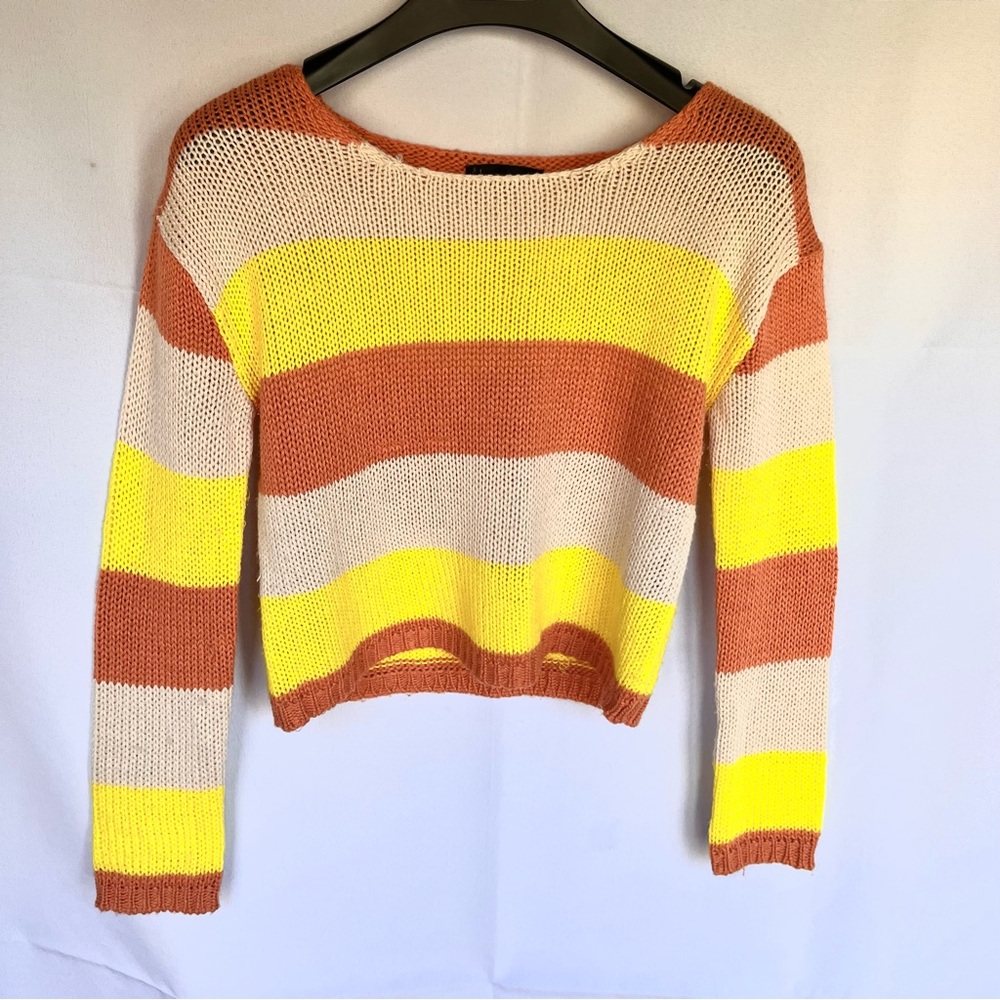 70s Inspired Vibrant Striped Yellow Cream & Tan Women's Sweater Size Small